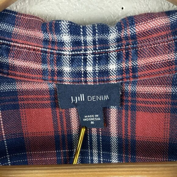 J Jill Denim Womens M Red Blue Plaid 100% Cotton Button Up Blouse - Picture 2 of 4
